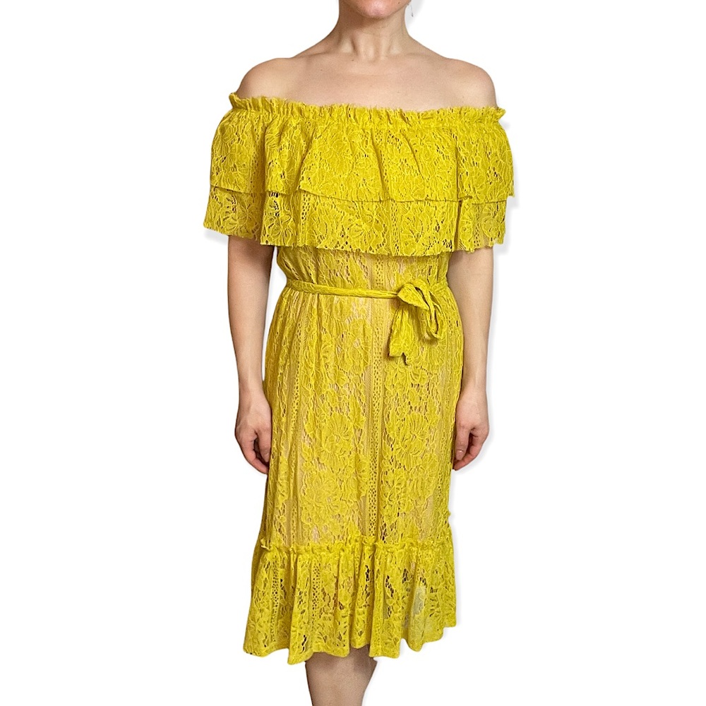 Neiman Marcus NM Yellow Lace Off Shoulder Belted Midi Dress size Small